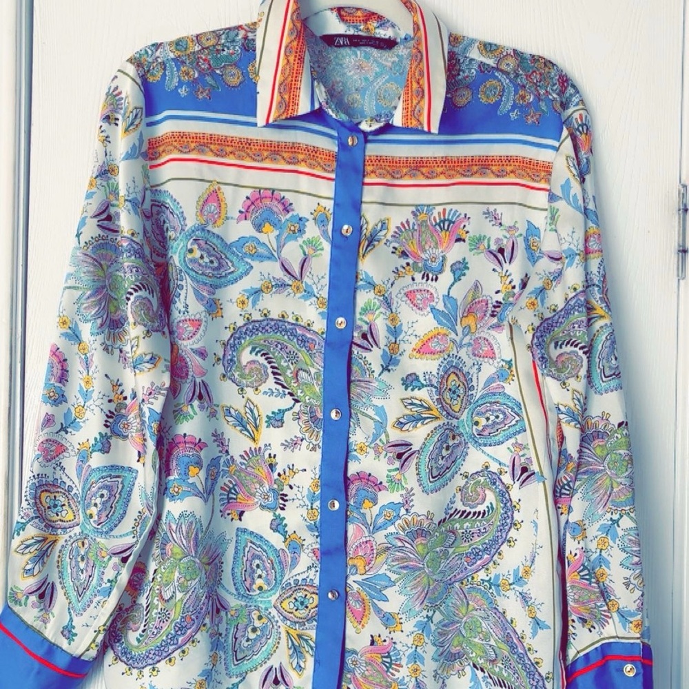 Zara Blue, White and Yellow Paisley Print Blouse